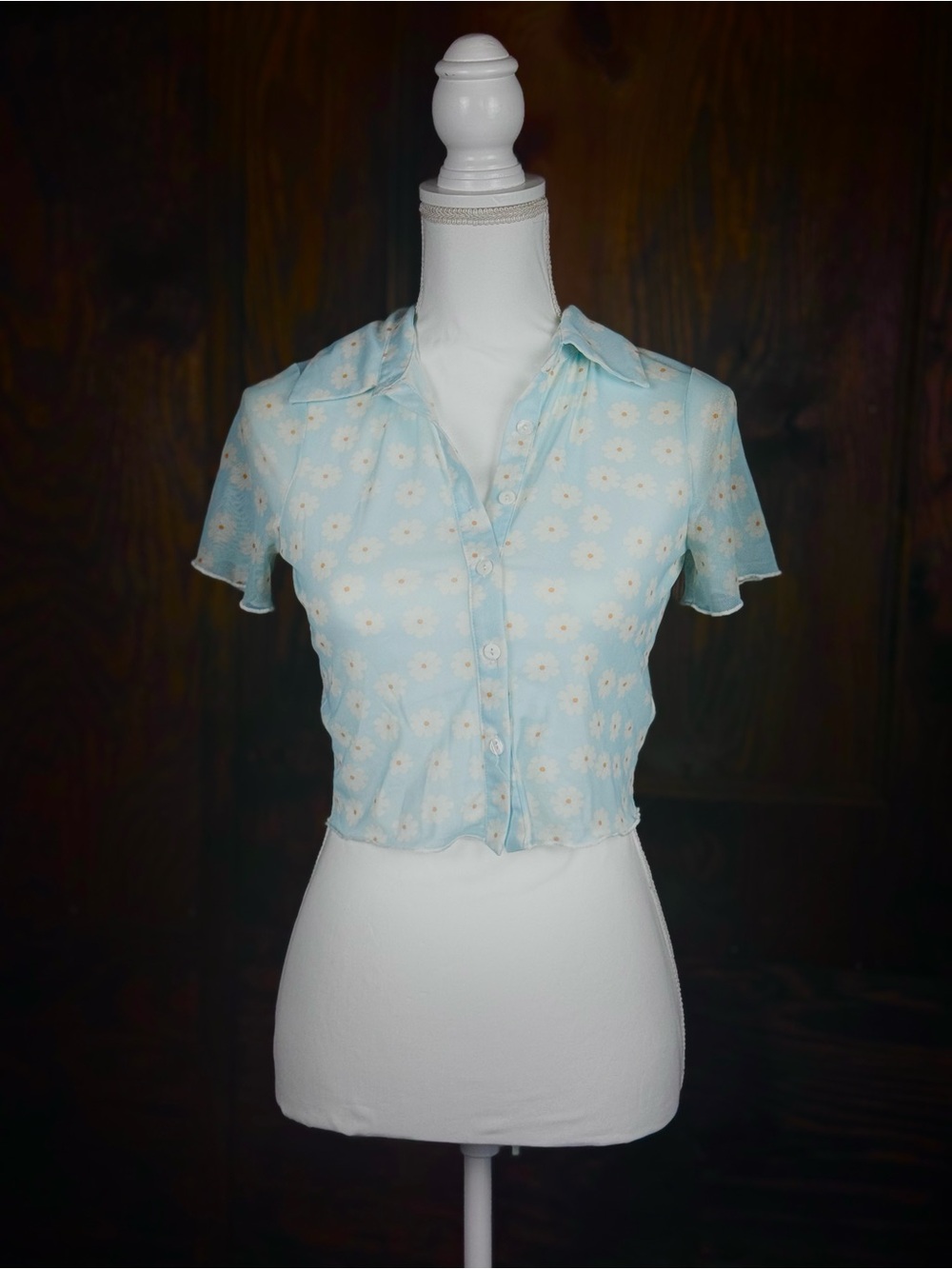 Altar'd State Pale Blue Daisy Button-Front Crop Shirt